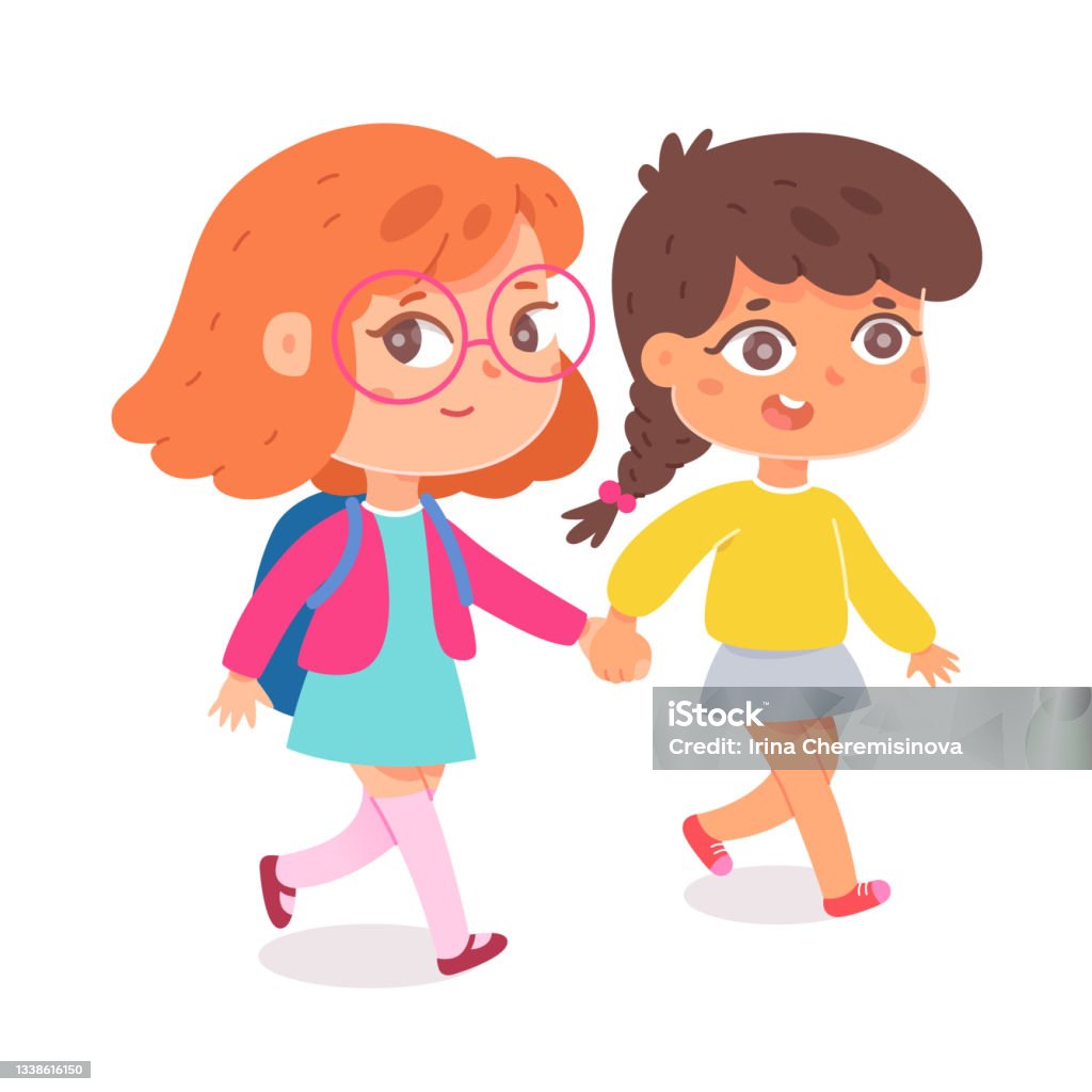 Cute Girls Walking Together Friends Holding Hands Kid Schoolgirl ...