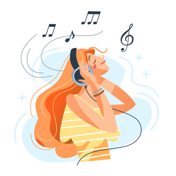 ilustrações de stock, clip art, desenhos animados e ícones de girl listening music to relax, using earphone to listen relaxing music with closed eyes - ouvir musica