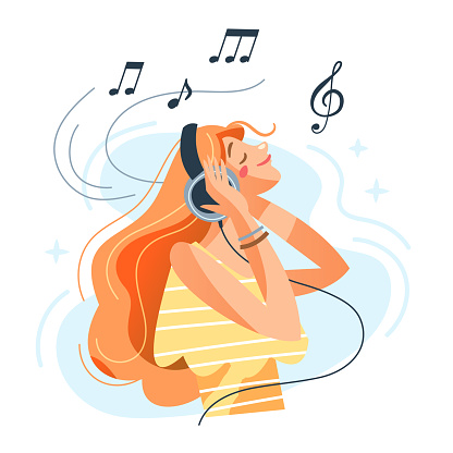 Girl listening music to relax vector illustration. Cartoon happy female character using earphone to listen relaxing music with closed eyes, enjoy song radio or podcast and dance isolated on white