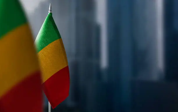 Photo of Small flags of Mali on a blurry background of the city