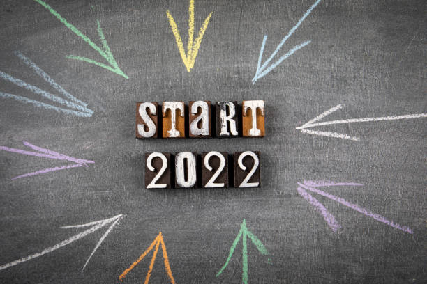 istock Start 2022. Wooden alphabet letters on a black chalk board 1338618083