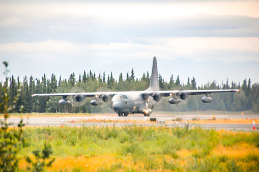 May 20, 2013, Gulkana, Alaska, USA - USAF KC-135 A  Stratotanker practices take offs and landings in Gulkana, Alaska. With the beauty of Alaska surrounding them, this plane showed its power and precision for all to observe.