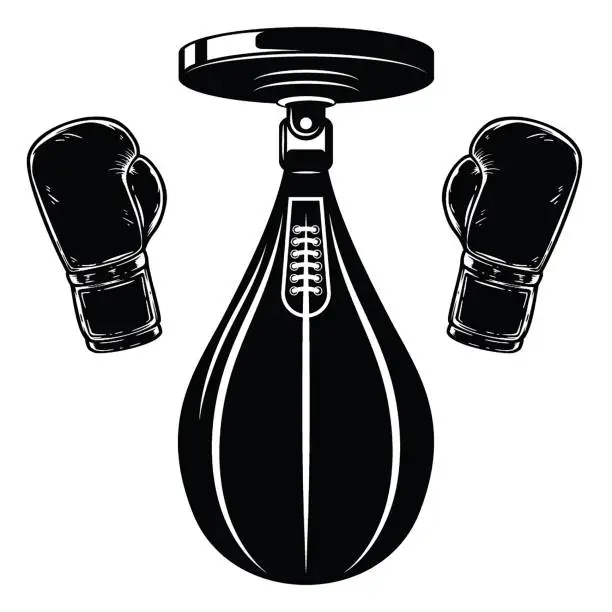 Vector illustration of Illustration of boxing punching bag and bong gloves in vintage monochrome style. Design element for label, sign, emblem, poster. Vector illustration