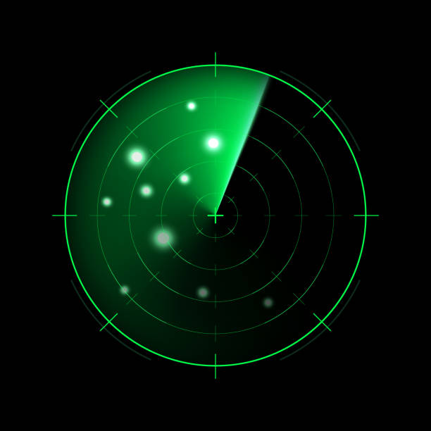 istock Green radar isolated on dark background. Military search system. HUD radar display. Vector illustration 1338621155