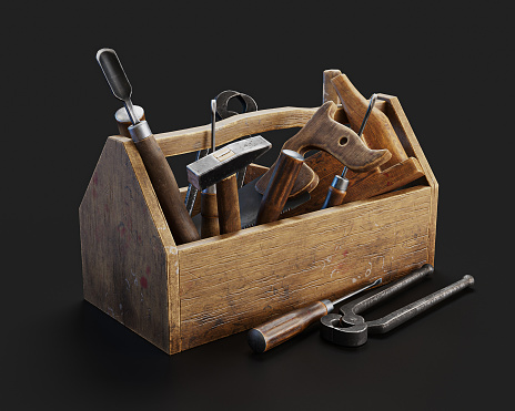 Vintage Wooden Carpenter Toolbox With Tools. 3D Render Of Old Tools Set.