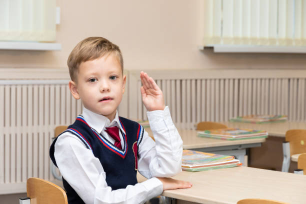 A first-grader boy at a desk with textbooks and notebooks in the classroom on the day of knowledge on September 1 at school at the lesson. Selective focus