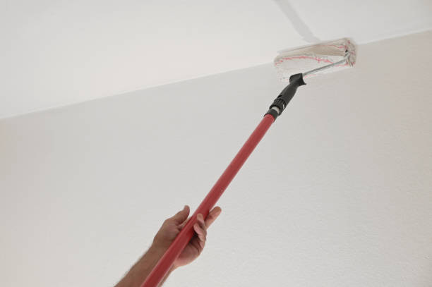 mão de um homem segurando um rolo de tinta em um longo poste telescópico para pintar o teto enquanto renova um apartamento, conceito de moradia, espaço de cópia, foco selecionado - brushing paint house painter human hand - fotografias e filmes do acervo