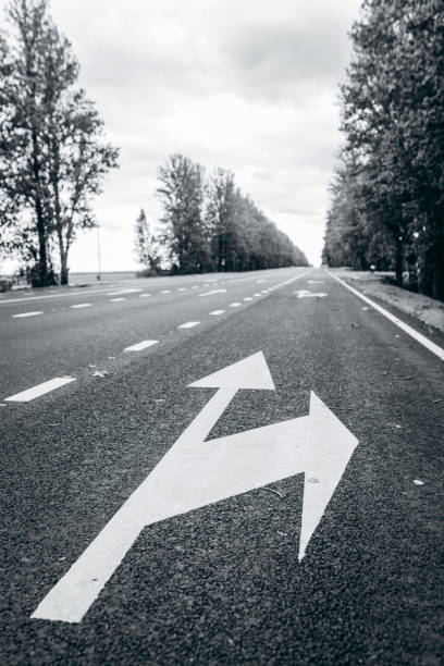 istock Road lanes with white arrow markings 1338624010