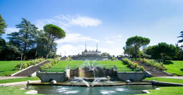 Remarkable fountains and staircase in Jouvet Park in Valence, Drôme, France on a sunny day