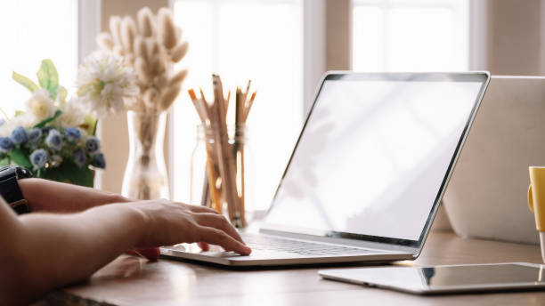 istock Close up young woman using her laptop at home, freelance, studying, working 1338626786