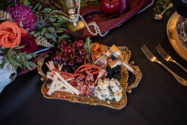 Assorted snacks placed on tray on banquet table
