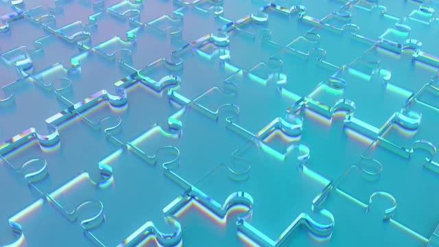 Three-dimensional visualization of moving glass puzzles of turquoise color, with a beautiful refraction of light on the edges.