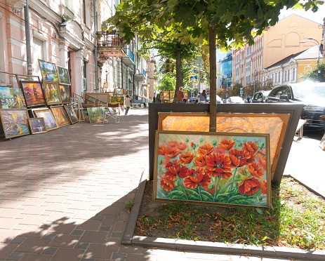 Kiev. Ukraine. September 4, 2021 Exhibition and sale of paintings by artists on Vladimirskaya street in the center of Kiev