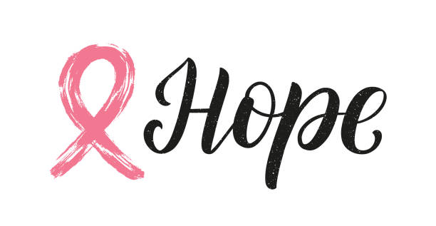 Hope hand sketched lettering logo decorated by pink brush ribbon. Hope hand sketched lettering logo decorated by pink brush ribbon. October breast cancer awareness month vector concept. brest cancer hope stock illustrations