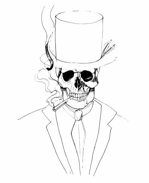 Vector illustration of Skull smiles, smokes a cigarette, wearing a hat and tie. Baron Samedi. Gentlemen. Ink drawing. Detailed hand made illustration. Vector image.