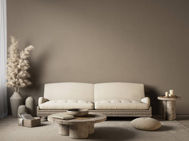 istock Beige interior with sofa and decor. 3d render illustration mockup. 1338632363