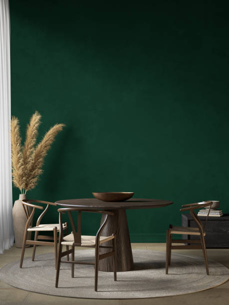 istock Dark green interior with dining table and decor. 3d render illustration mockup. 1338632542