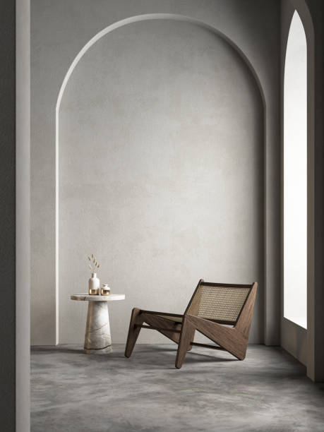 istock Modern interior composition with arc, armchair and decor. 3d render illustration mockup. 1338632657