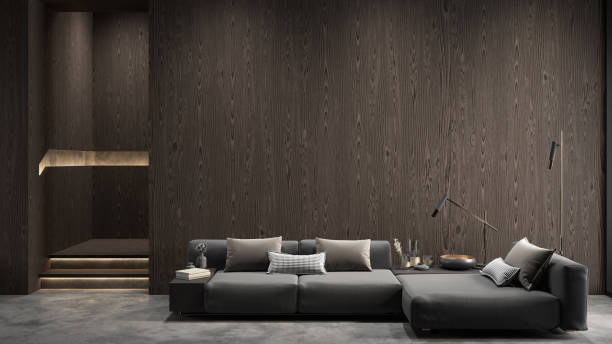 istock Modern interior with sofa and wooden wall panels. 3d render illustration mockup. 1338632803