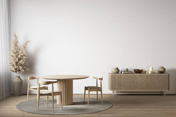 istock White interior with dining table, dresser and decor. 3d render illustration mockup. 1338632973