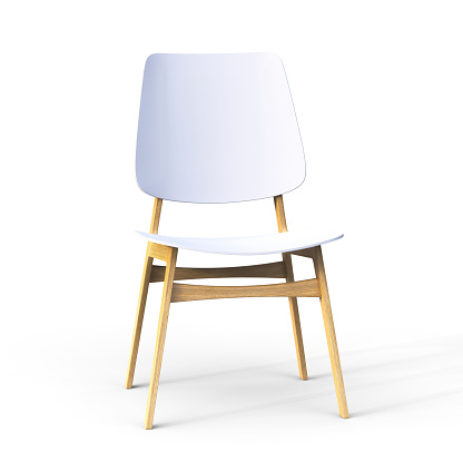 A chair made of wood and white plastic stands on a white background.