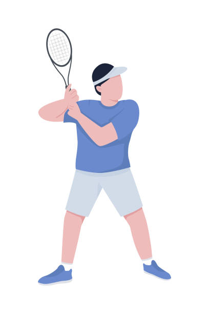 illustrations, cliparts, dessins animés et icônes de joueur de tennis avec raquette semi-plate couleur vectorielle caractère - tennis serving silhouette racket