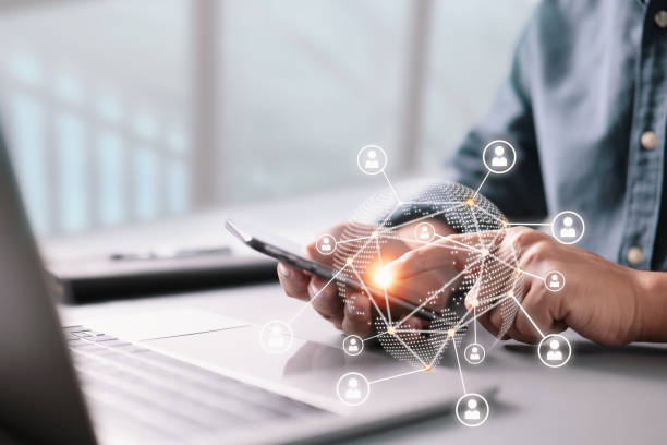 istock Business concept. Businessman working generic design laptop. Worldwide connection technology interface. Touching screen smartphone. 1338635726