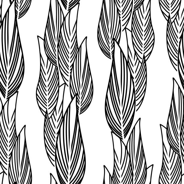 Vector black and white seamless pattern with leaves Abstract black-white seamless pattern with leaves. Contour drawing of a plant Isolated on a white background. Monochrome silhouette of plants. silhouette of a fall leaves black and white stock illustrations