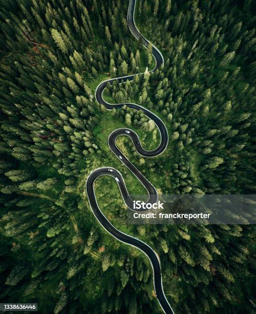 Winding Road In The Dolomites Stock Photo - Download Image Now - Road, Winding Road, Aerial View