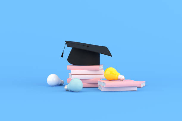 istock 3d rendering of graduation cap with light bulbs and books on blue background. 1338636477