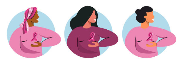 ilustrações, clipart, desenhos animados e ícones de mês de conscientização do câncer de mama outubro com diversas mulheres étnicas com fita de apoio rosa. apoiem as pessoas. dia mundial do câncer ou conceito pinktober. ilustração vetorial com caráter feminino - breast cancer