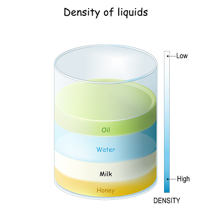 Density of liquids from Honey and Milk with high density to Water and Oil with low density. A glass cylinder containing various colored liquids with different densities