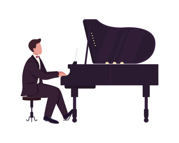 Young man playing grand piano semi flat color vector character Young man playing grand piano semi flat color vector character. Full body person on white. Pianist performance isolated modern cartoon style illustration for graphic design and animation pianist stock illustrations