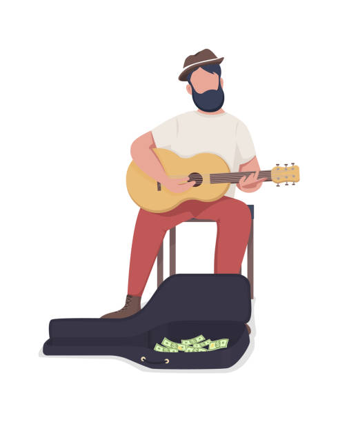 straßenmusiker mit gitarre semi flat color vector charakter - street musician stock-grafiken, -clipart, -cartoons und -symbole