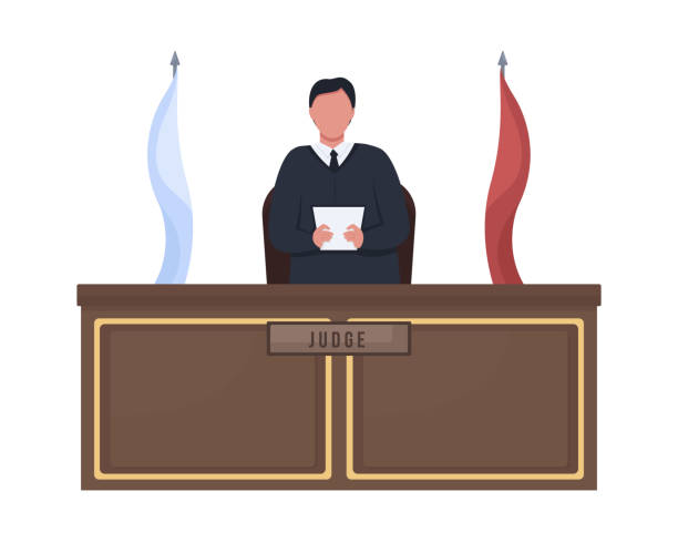 Male judge standing behind podium semi flat color vector character Male judge standing behind podium semi flat color vector character. Full body person on white. Judging process in courtroom isolated modern cartoon style illustration for graphic design and animation lawyer cartoon stock illustrations