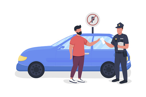 Policeman giving parking fine semi flat color vector characters. Full body people on white. Parking enforcement officer isolated modern cartoon style illustration for graphic design and animation