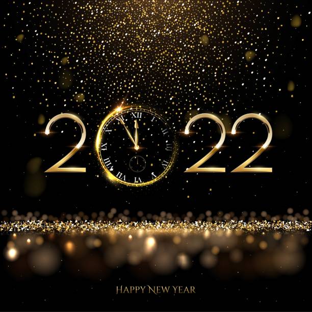 happy new year 2022 background. gold shining in light with sparkles celebration. greeting festive card vector illustration. merry christmas holiday modern poster or wallpaper design - new year stock illustrations