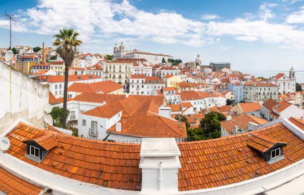 Panorama of Alfama district, Lisbon old town. Blue sky with clouds on the background. Alfama district in Lisbon. National Pantheon (The Church of Santa Engrácia ) and The Church or Monastery of São Vicente de Fora on the background. national pantheon lisbon stock pictures, royalty-free photos & images