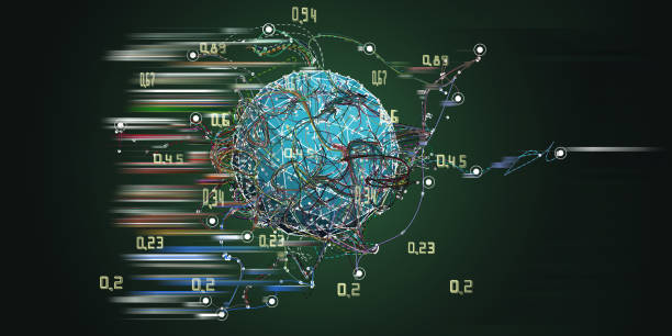 ilustrações de stock, clip art, desenhos animados e ícones de abstract background with chaotic  lines connecting dots of sphere. analytics algorithms data.  quantum cryptography concept. banner for business, science and technology. big data. - quantum computing