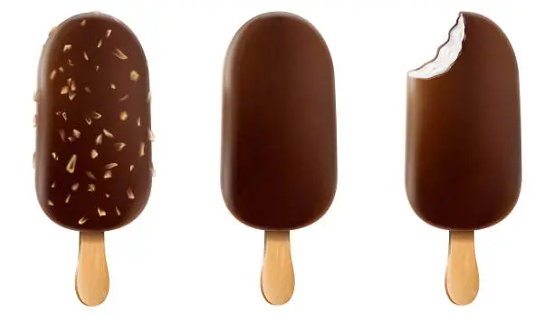 Vector illustration of Set of ice cream with chocolate glaze and nuts on a stick. Ð¡hocolate popsicle on a stick , whole and bitten with filling. Realistic vector food posters and summer banners.