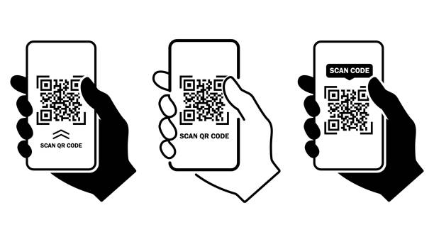 illustrazioni stock, clip art, cartoni animati e icone di tendenza di scansiona l'icona piatta del codice qr con il telefono. codice a barre. tiene la mano dello smartphone. illustrazione vettoriale. - coding qr code two dimensional shape bar code