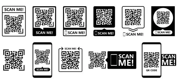 Vector illustration of Qr code frame vector set. QR code scan for smartphone. Template scan me Qr code for smartphone. QR code for mobile app, payment and phone. Scan me phone tag. Barcode smartphone id icon.