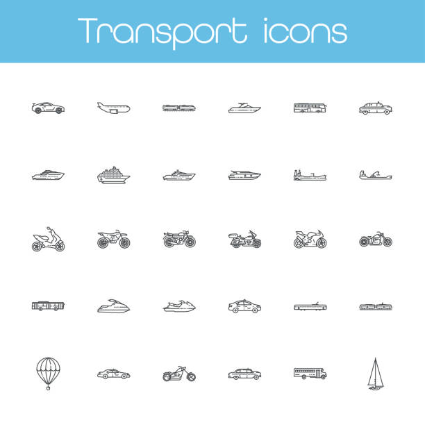ilustraciones, imágenes clip art, dibujos animados e iconos de stock de conjunto de iconos de estilo de línea de vehículo aislados sobre fondo transparente - shuttle bus vector isolated on white bus