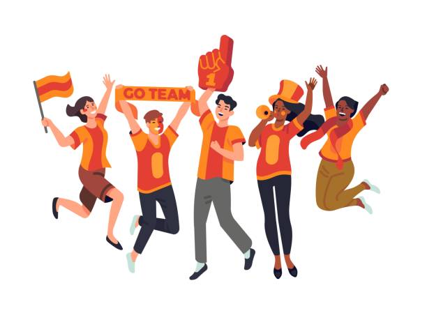 Sport fans. Happy friends rooting for their soccer team, supporters watch football game, competitions audience, cheerleading. Vector set Sport fans. Happy friends rooting for their soccer team, supporters watch football game, competitions audience, cheerleading cheerful crowd vector set cheers stock illustrations