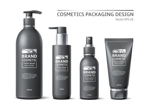 Realistic brand cosmetic bottles. Minimalist labeled black containers design, beauty products packages, pumps and spray mockups. Vector set