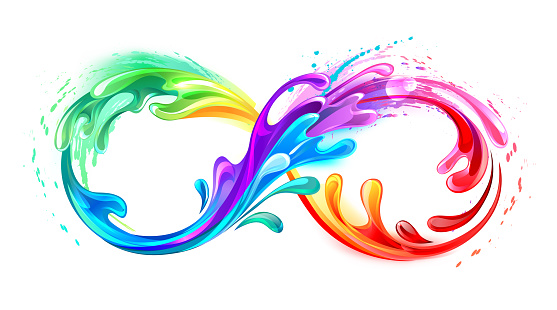 Rainbow symbol of infinity from stream of flowing multicolored paint on white background.