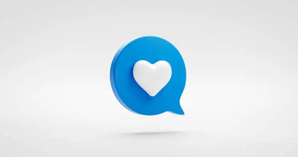 Photo of Blue like heart icon sign or favorite social love media illustration graphic element isolated on notification comment symbol with speech bubble followers concept. 3D rendering.