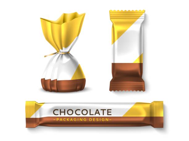 ilustrações, clipart, desenhos animados e ícones de design de embalagem de doces. embalagens de doces realistas, maquetes, trufas de doces e barras de chocolate, modelo de bombons de rótulos da marca. conjunto vetorial - chocolate candy bar chocolate candy foil