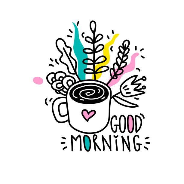 Good morning lettering. Letters in comic style with cup of coffee. vector art illustration