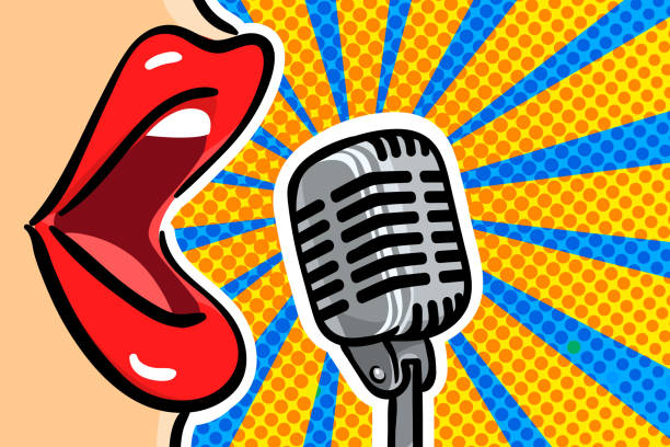 Pop-art music singing woman's mouth with retro microphone vector art illustration